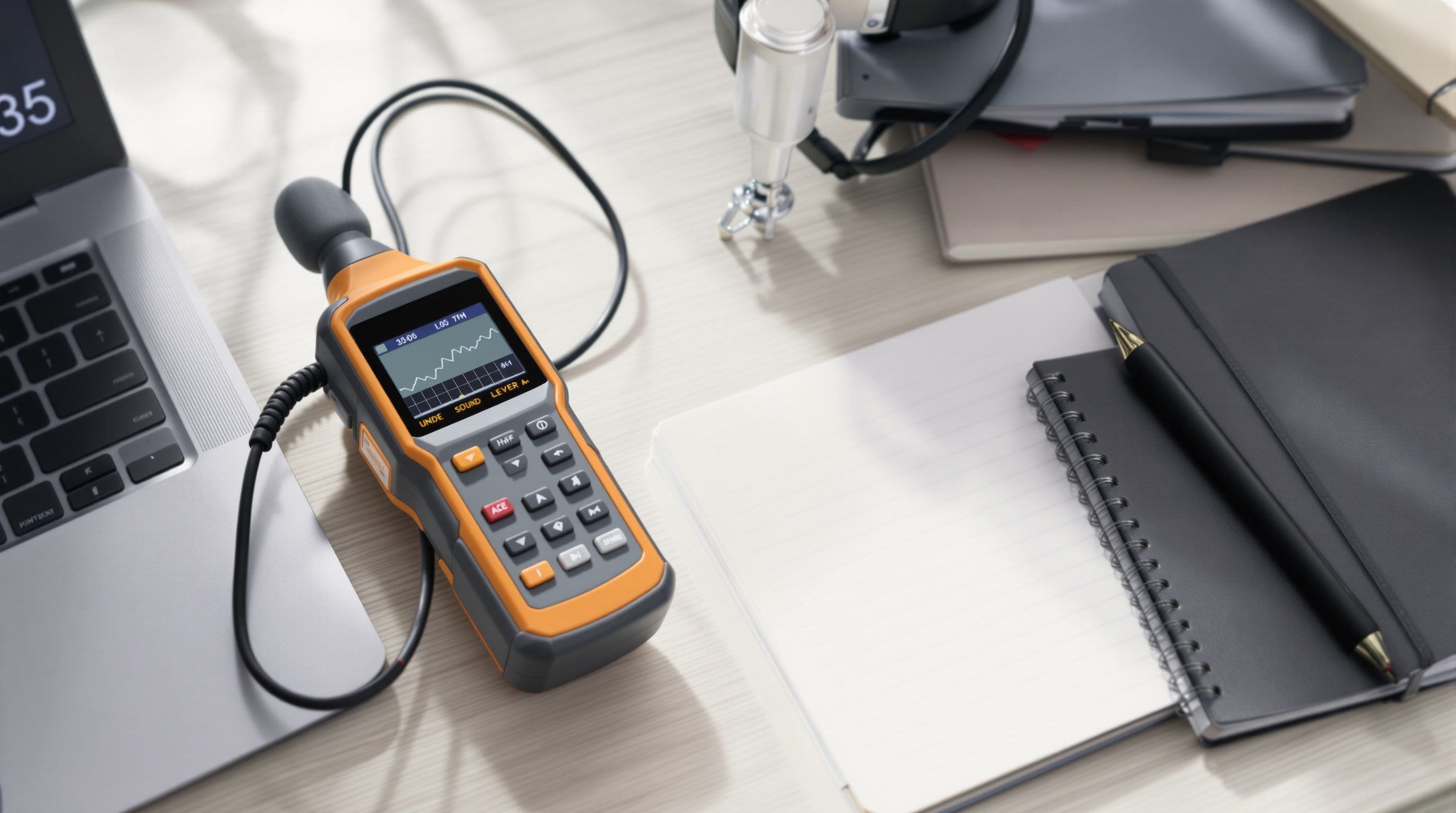 A quiet desk with a sound-level meter beside a computer, suggesting careful acoustic testing