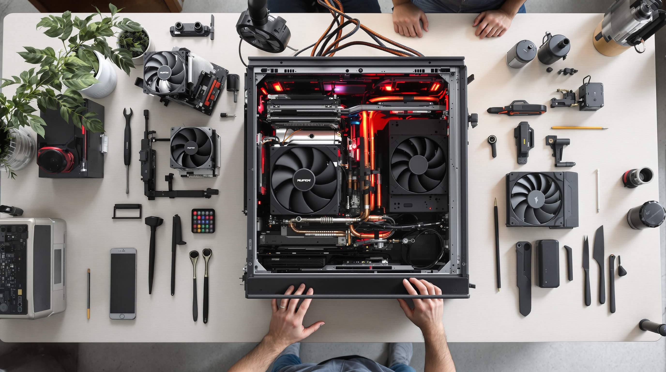 A quiet PC being assembled on a clean workbench with tools and components laid out