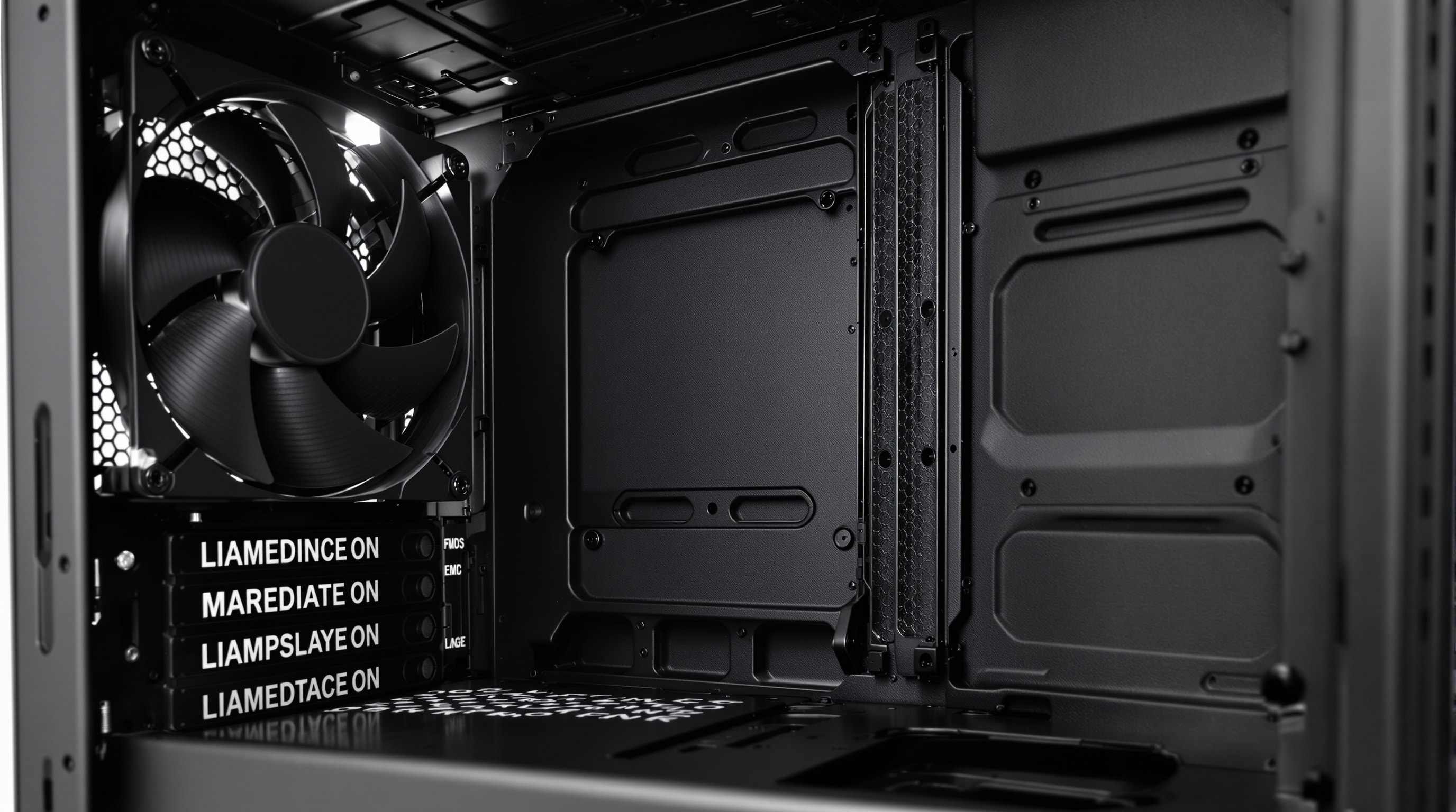 Interior of a steel PC case lined with acoustic damping material and large fan mounts