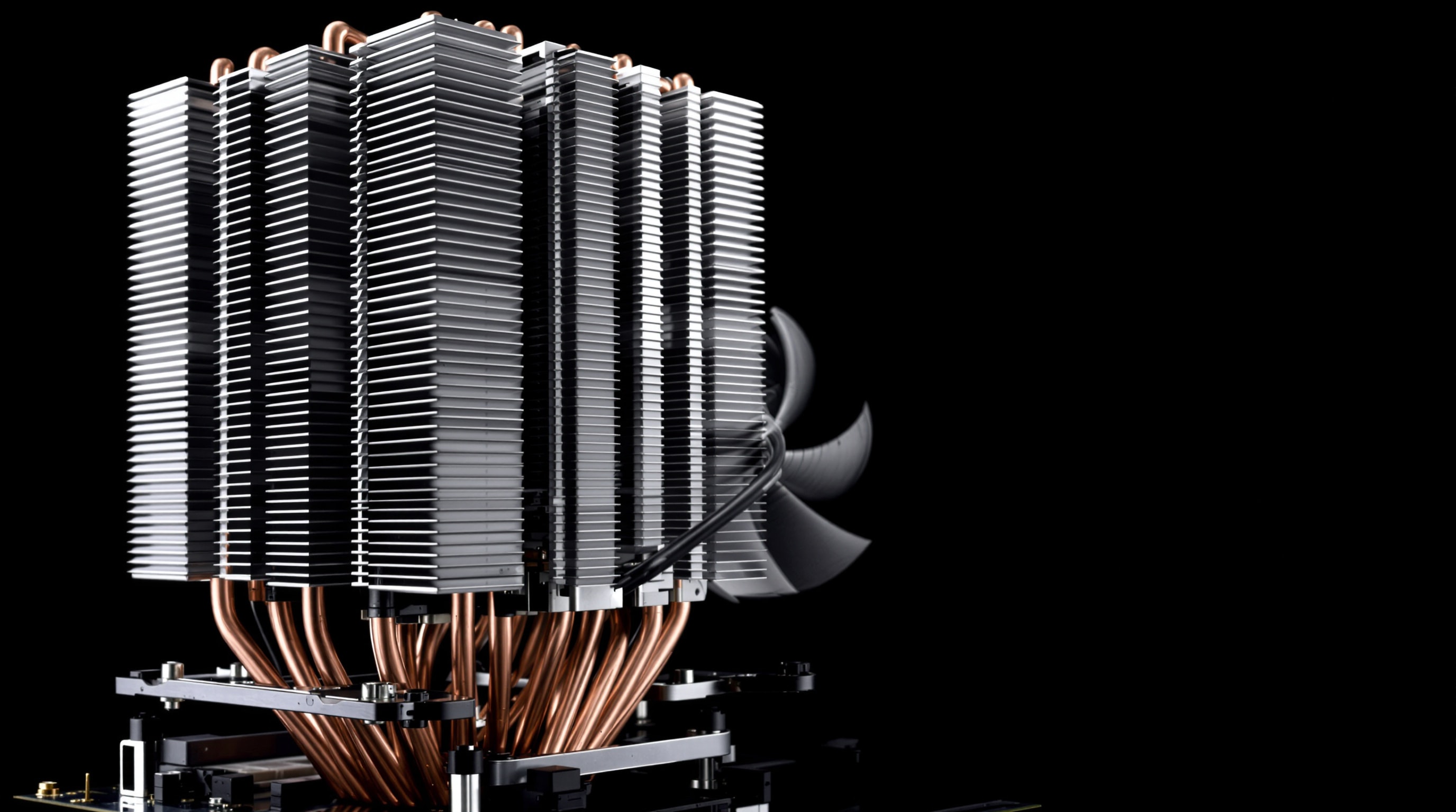 Tall finned tower CPU heatsink with a single large fan on a motherboard
