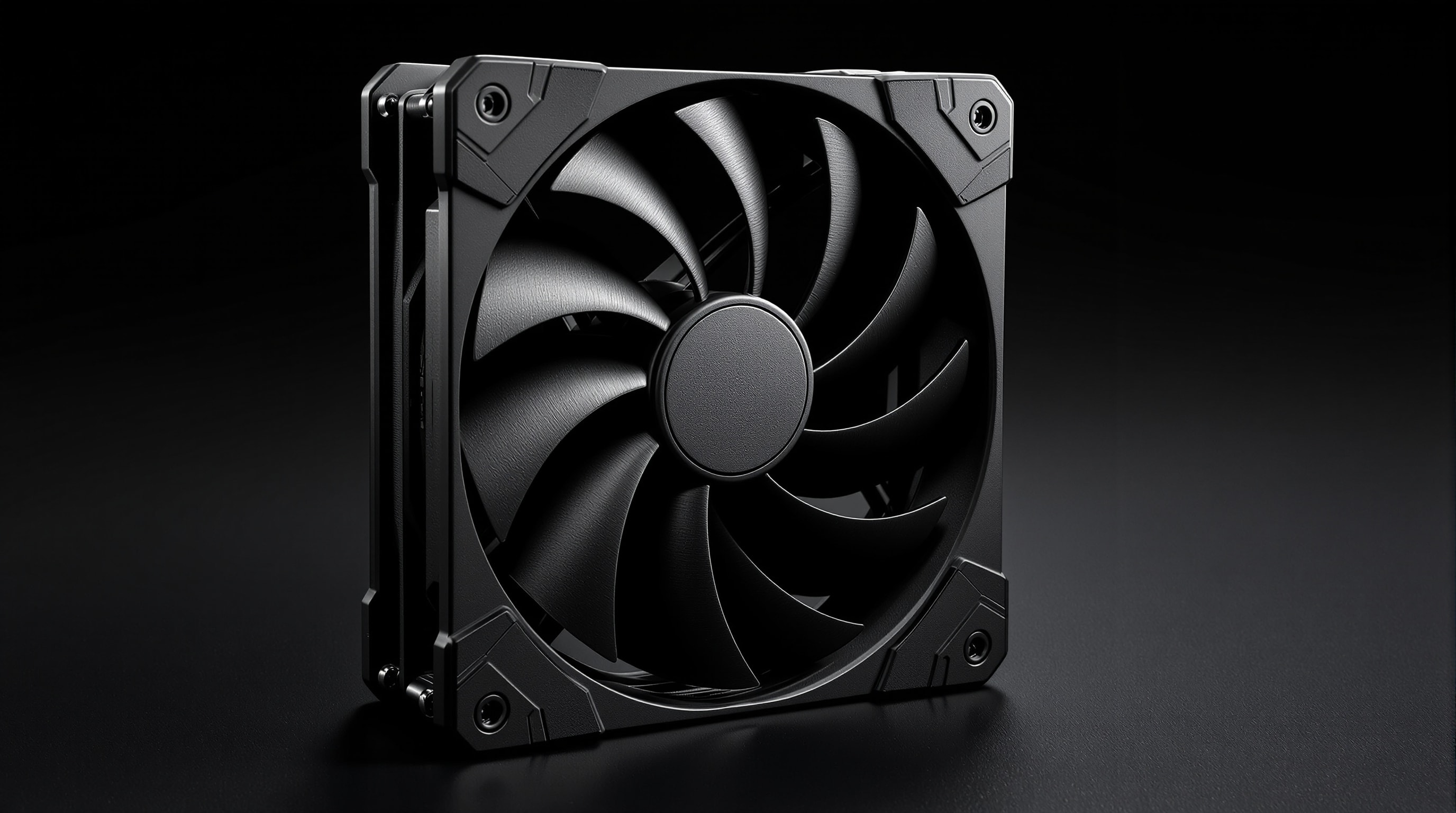 Macro photograph of a large black computer fan showing its blades and frame