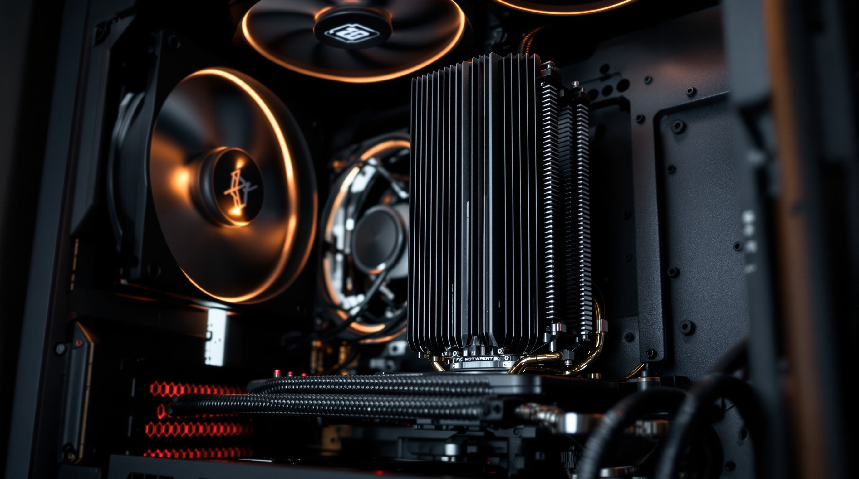 Interior of a tidy quiet PC build lit by a soft glow, large low-speed fans and cable management visible
