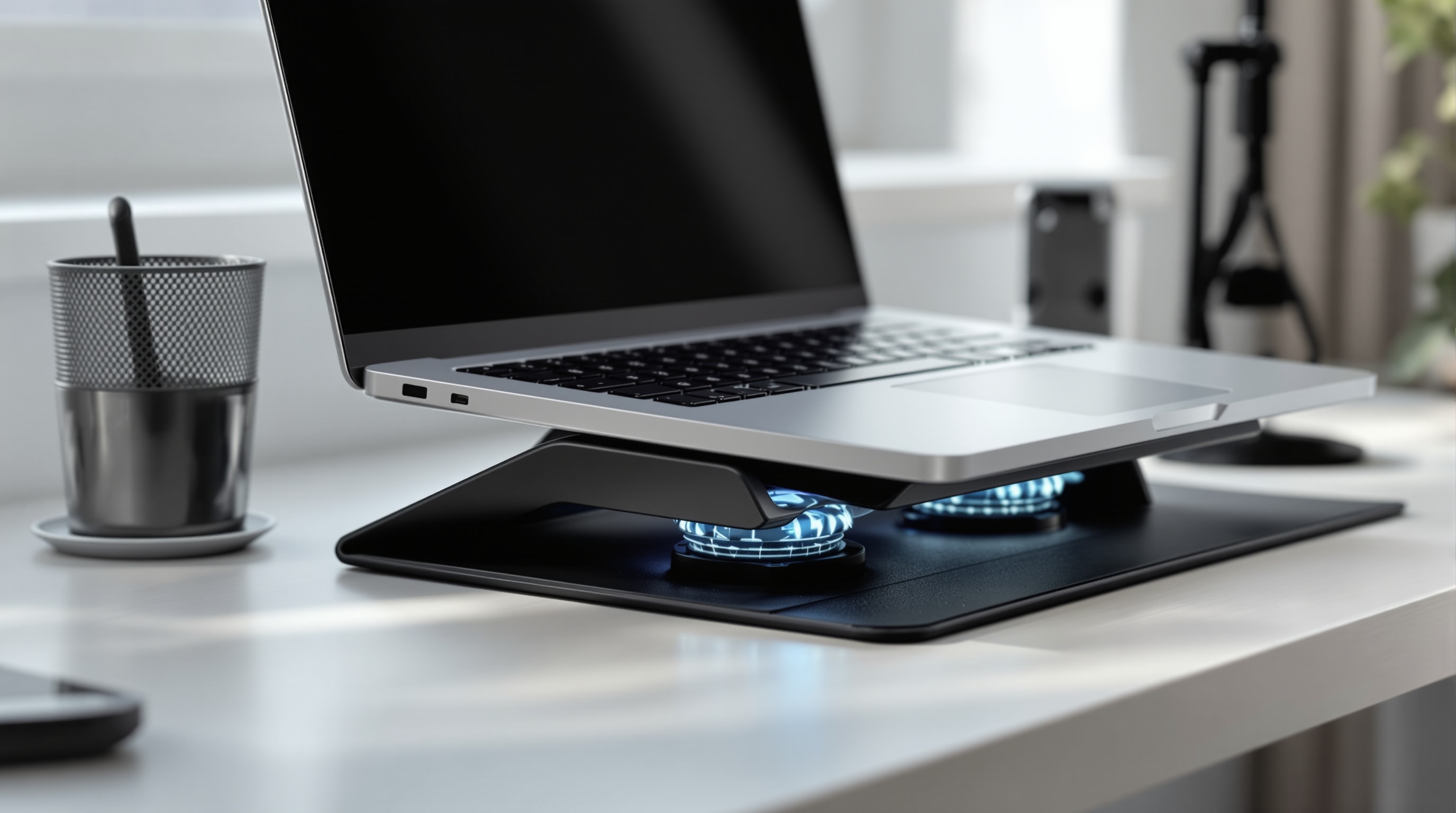 A laptop raised on a cooling pad with airflow underneath on a desk