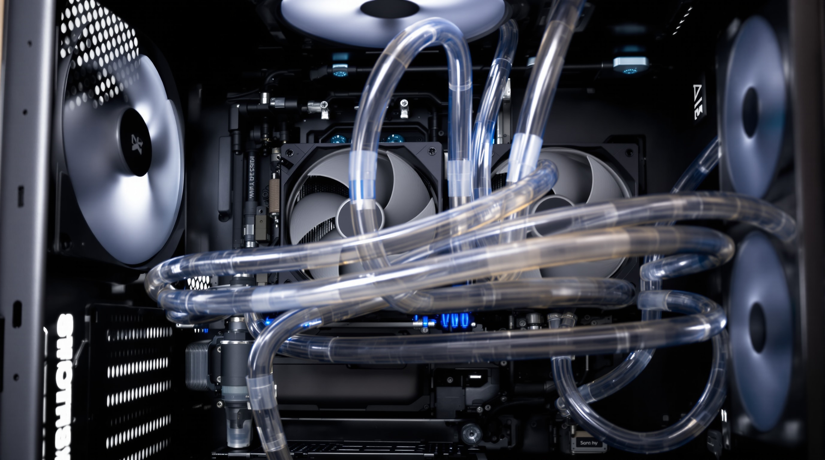A water-cooling loop inside a PC with a radiator, soft tubing and a pump