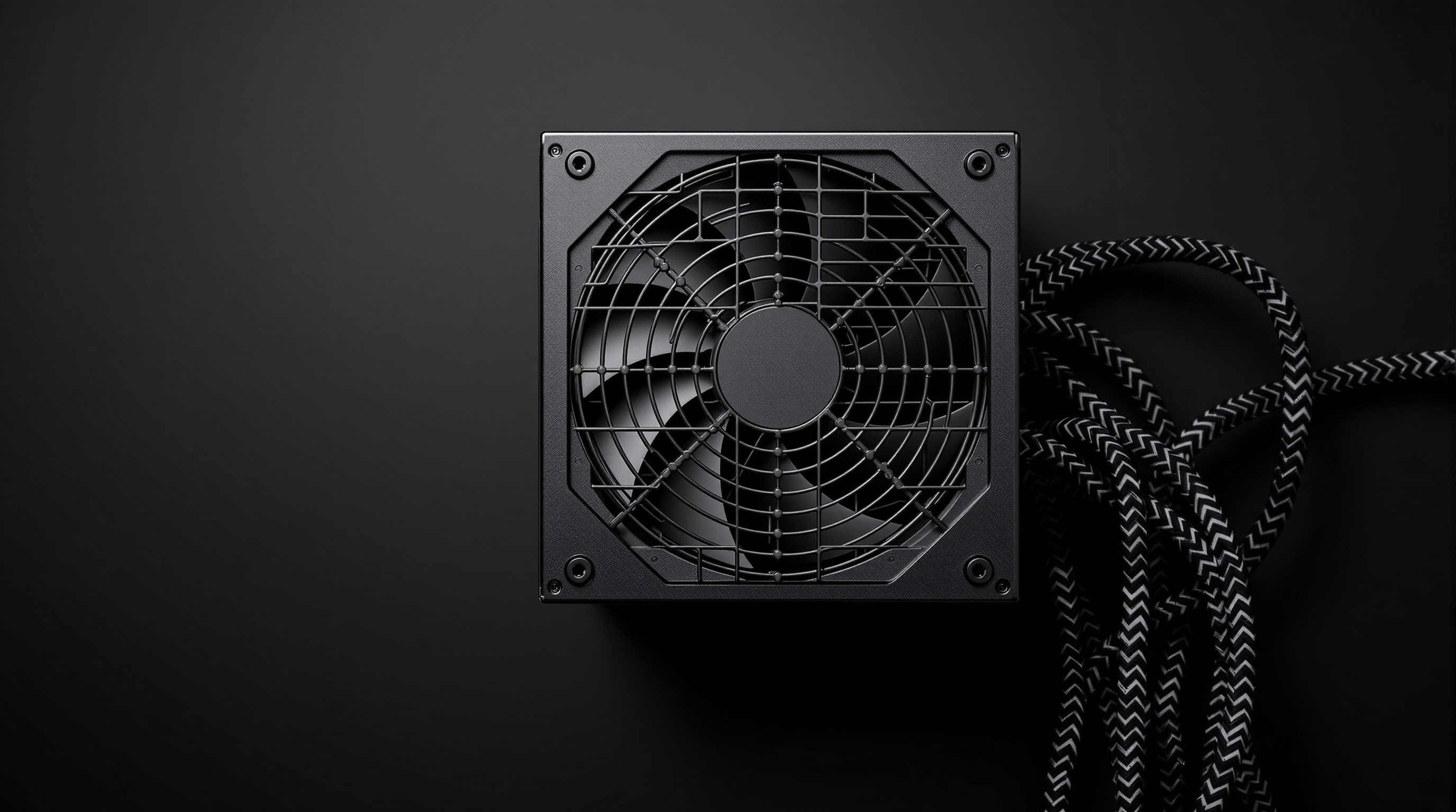 A computer power supply unit with a large low-speed fan and finned interior