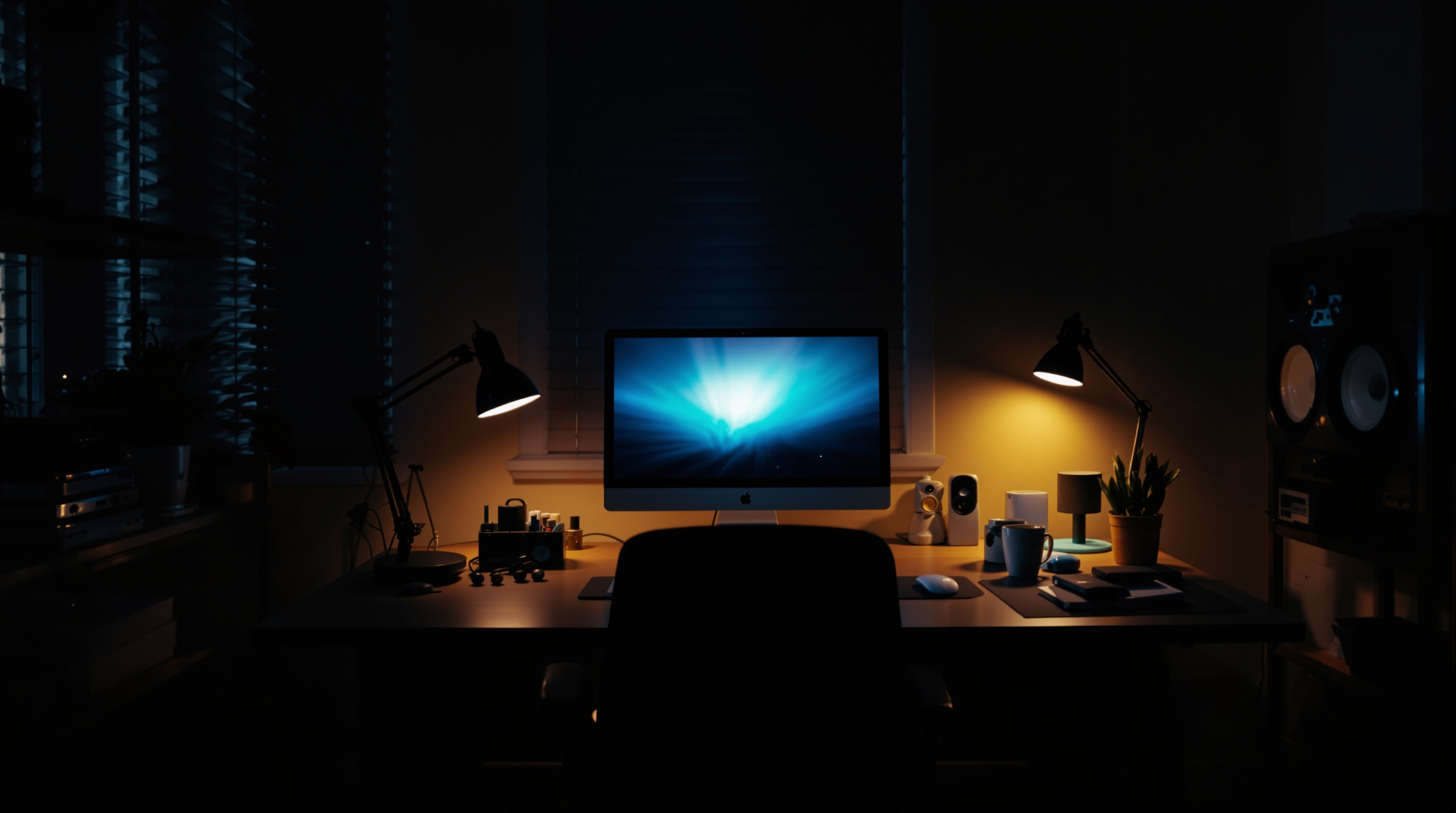 A calm home office at night lit by a monitor, quiet and uncluttered